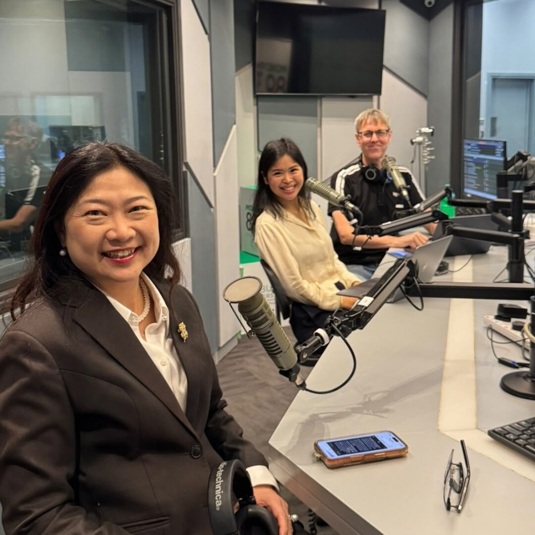 Ms Yeow having radio interview with Let's Talk SG MC, Neil Humphreys & Audrey Siek